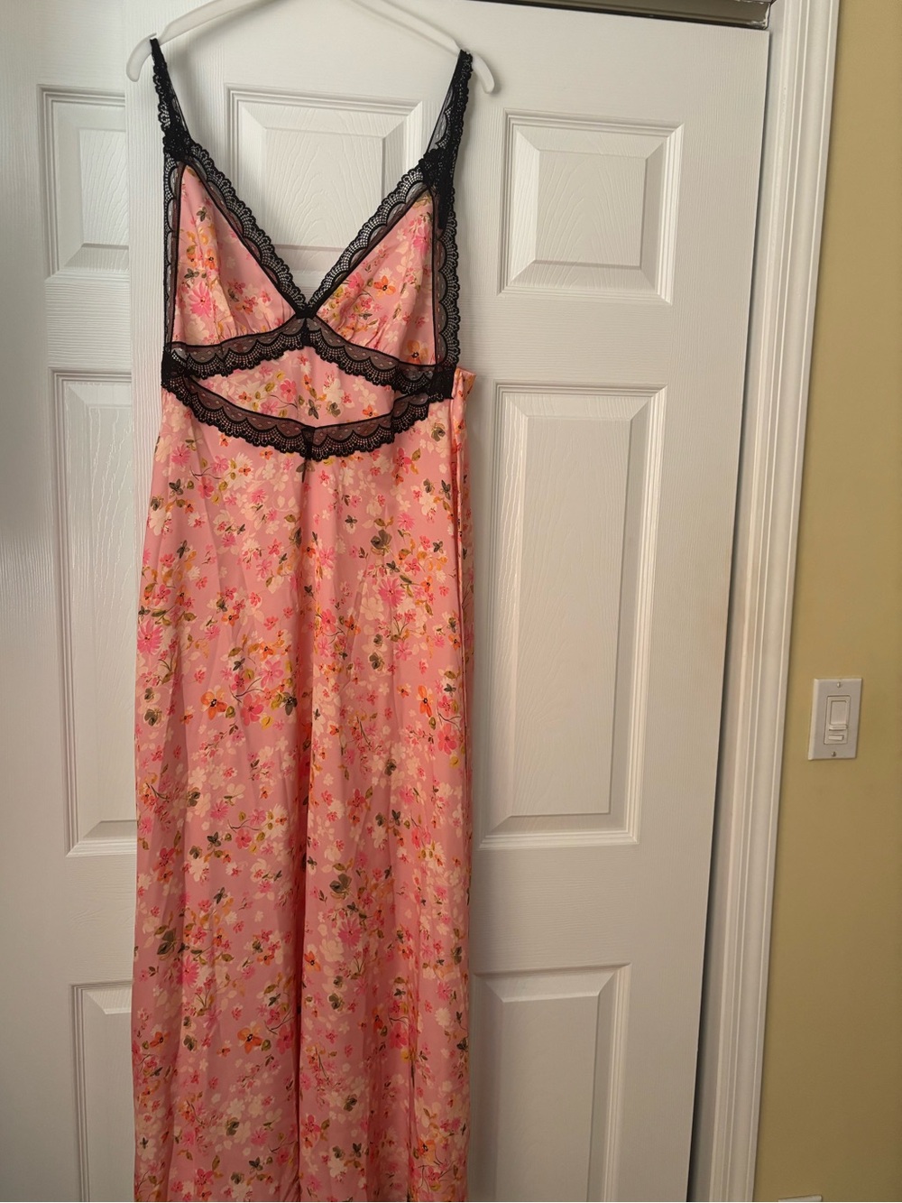 RESA Pink Floral Satin Chemise with Black Lace Trim